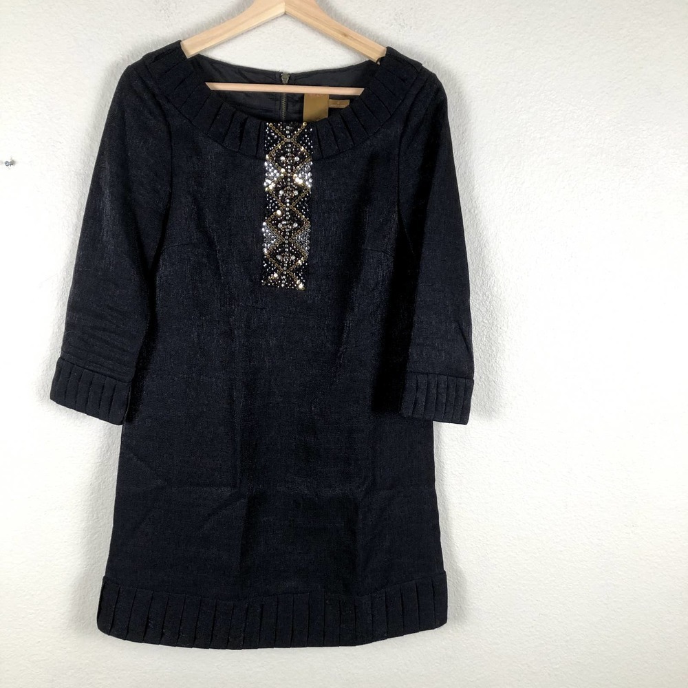 Ali‎ Ro Dress Black Shimmery Embellished Pleated Crew Neck Zipper Short Size 0
